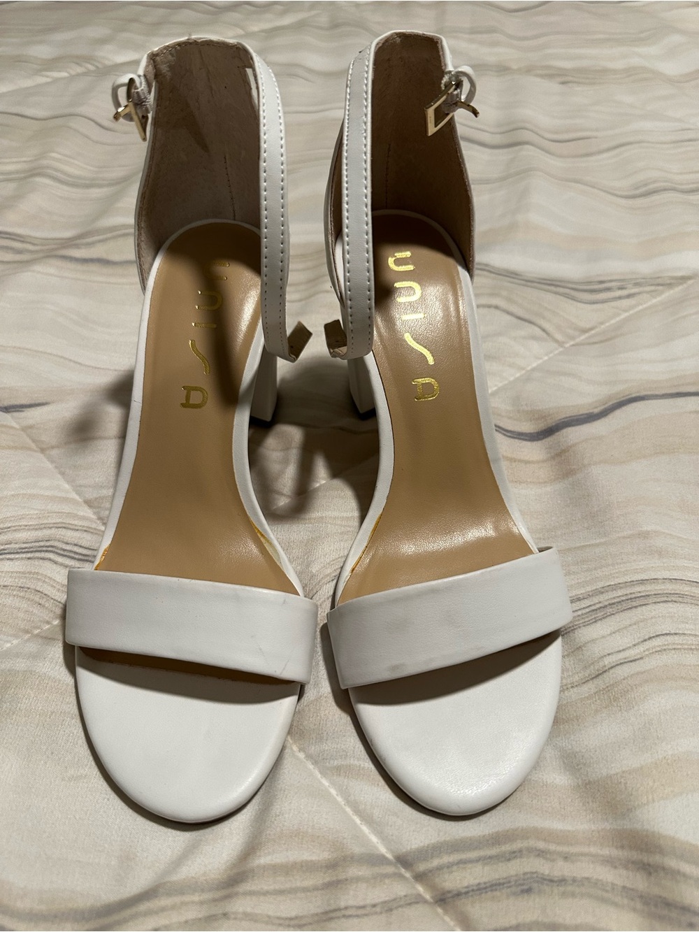 Unisa White Open-Toe Ankle-Strap Block Heels
